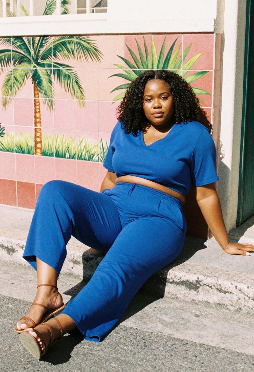 Curvy woman in cobalt blue co-ord set seated casually on a sun-drenched tropical street