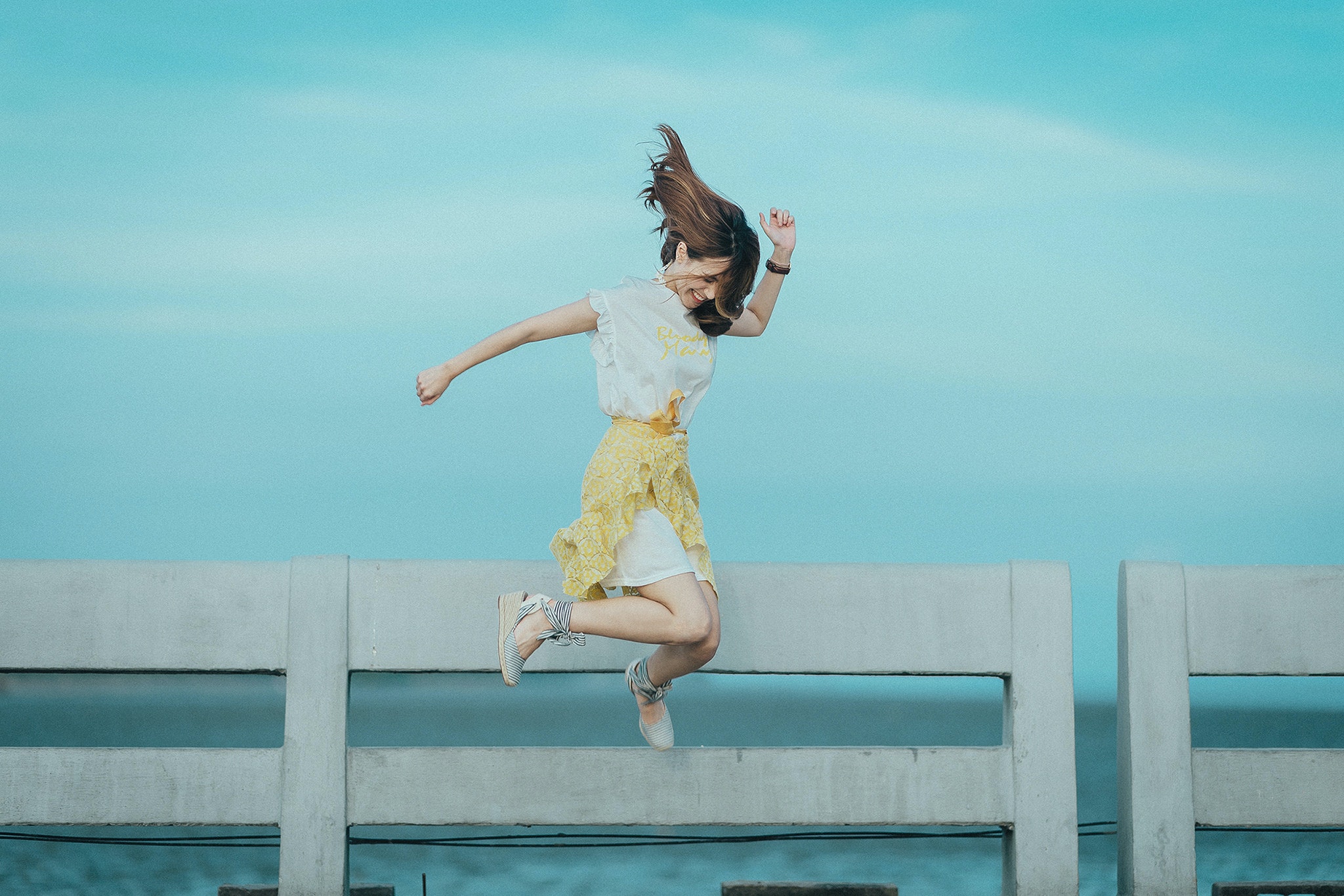 A lady jumping