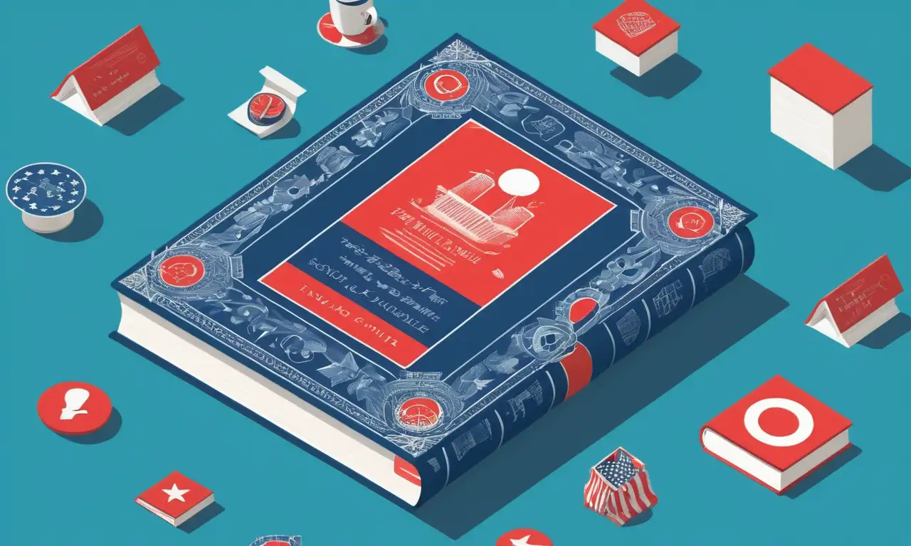 Una ilustración de una cubierta de libro con un sutil mensaje político, rodeado de símbolos de crítica social.