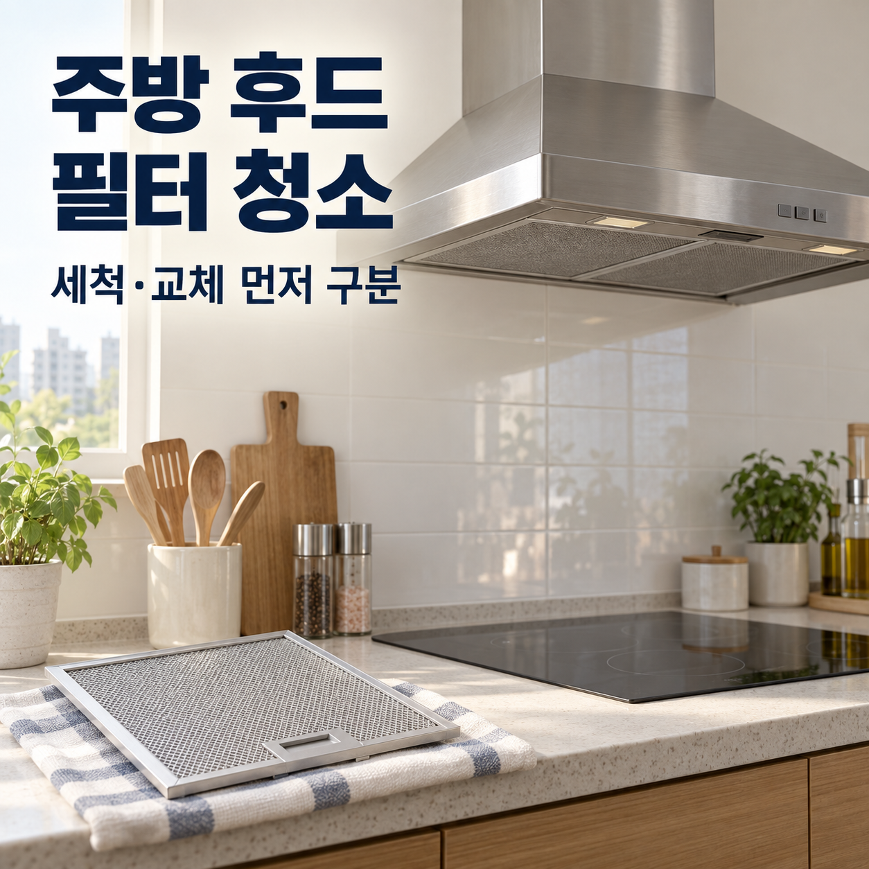주방 후드와 분리한 금속 필터망을 보여주는 청소 전 확인 설명 이미지