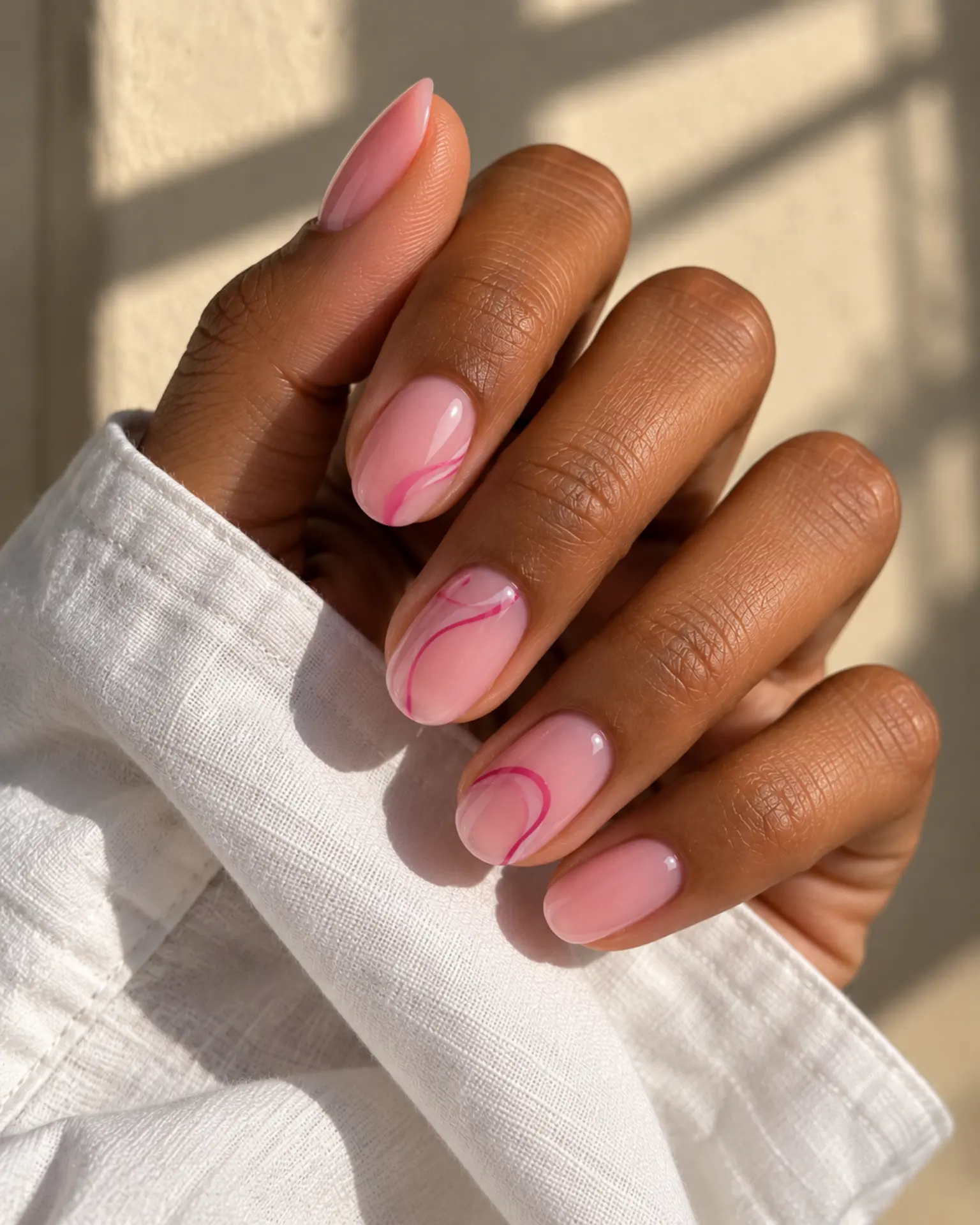 Pink Fine-Line Swirl manicure inspiration for pink nail ideas