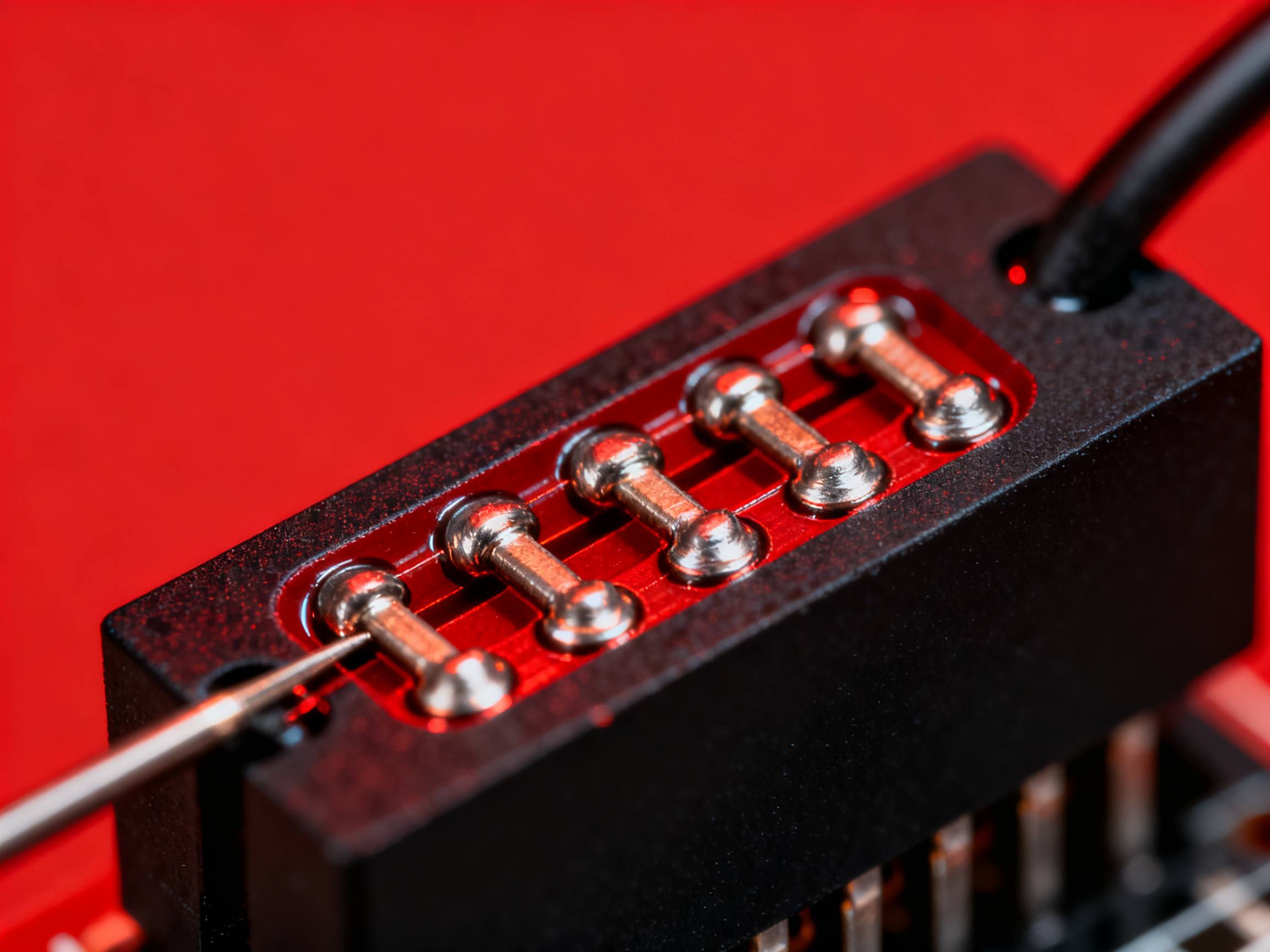 Solder joints under magnification.