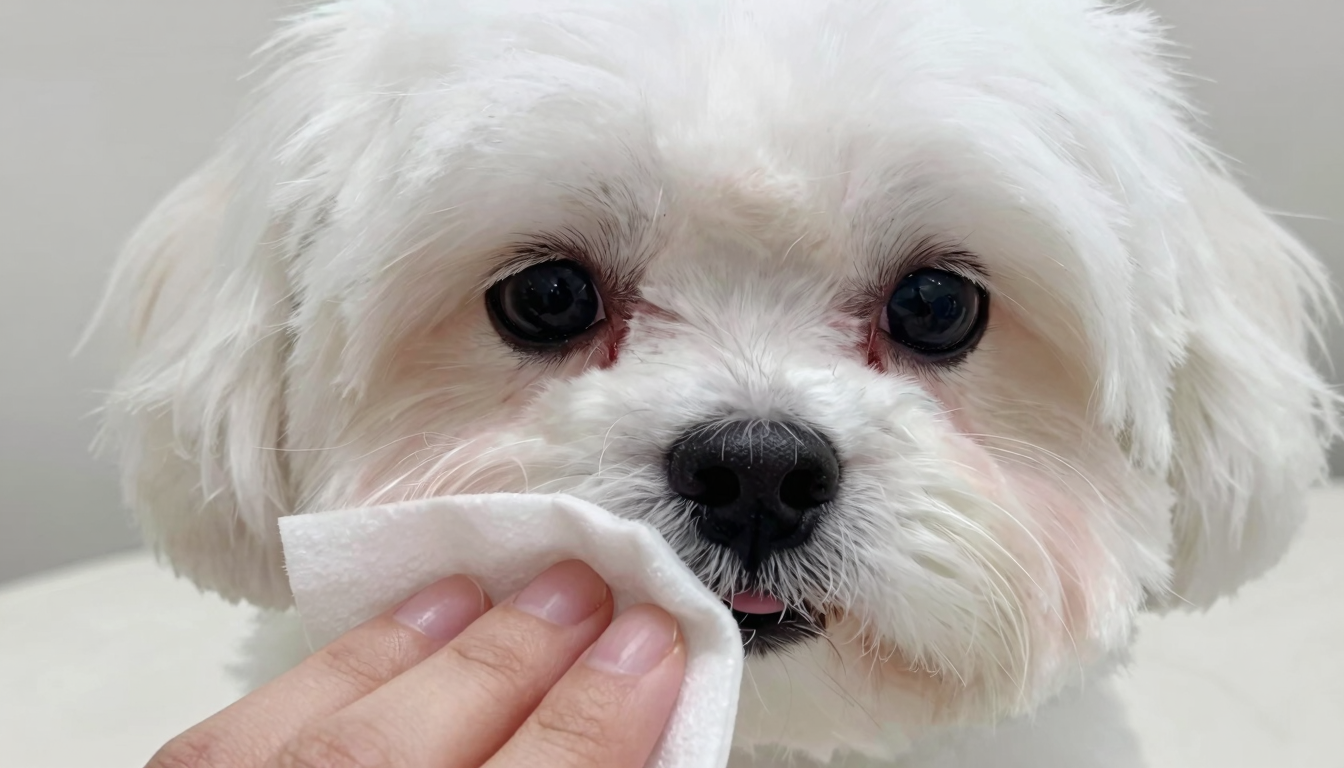 강아지 눈물자국이 붉게 착색된 눈가 주변을 근접 촬영한 모습입니다.