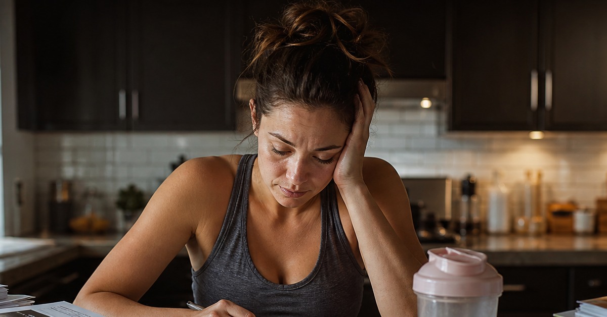 A kitchen counter with a stack of printed diet plan booklets, an open calorie-counting journal, and a meal replacement container — the accumulated evidence of someone who has tried many dietary approaches without addressing the underlying metabolic barriers