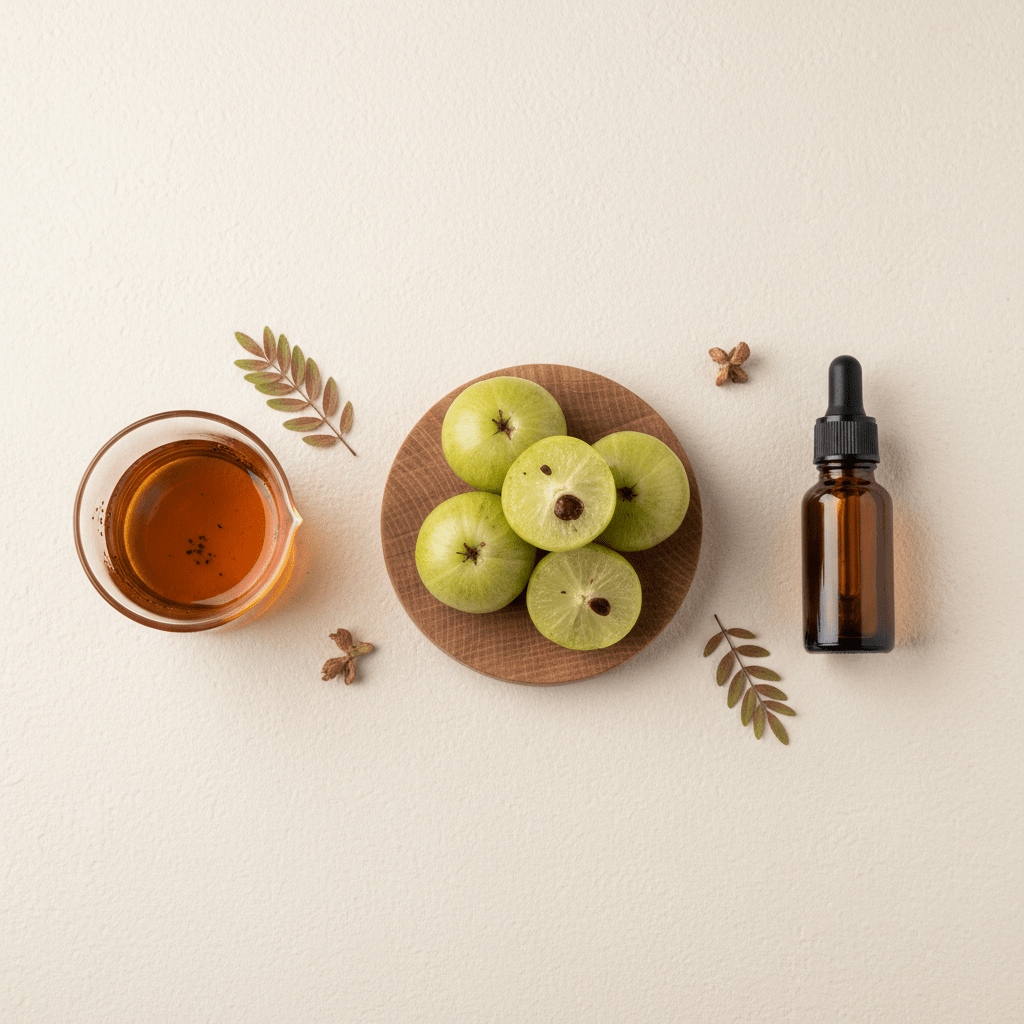Comparison of infused amla carrier oil and a true essential oil bottle on a neutral background