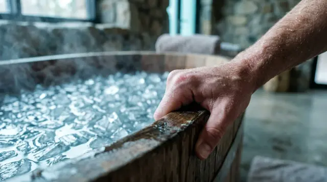 Hand gripping ice bath edge with goosebumps, frigid blue water and mist rising