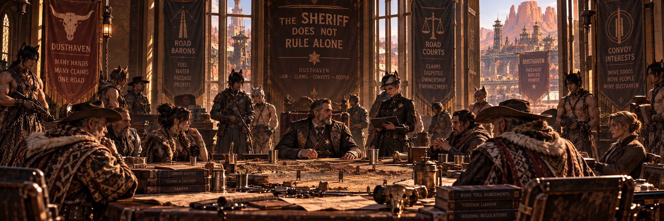 Dusthaven political leaders, Road Barons and officials negotiating inside Sheriff's Crown