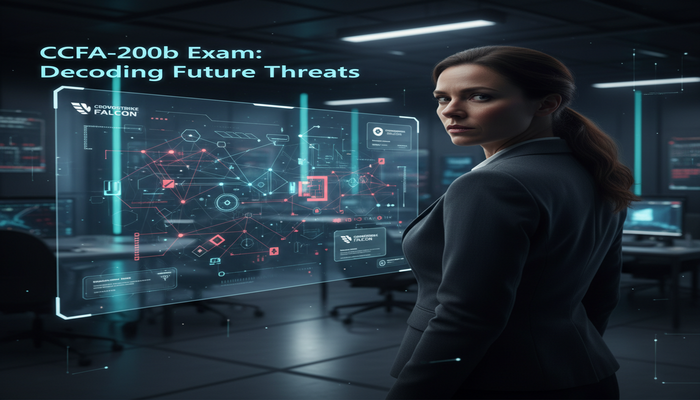 CCFA-200b Exam: Decoding Future Threats A female cybersecurity expert in a high-tech command center analyzes a holographic display showing complex, evolving cyber threat data and integrated CrowdStrike Falcon UI elements. The image title 'CCFA-200b Exam: Decoding Future Threats' is clearly visible on screen.