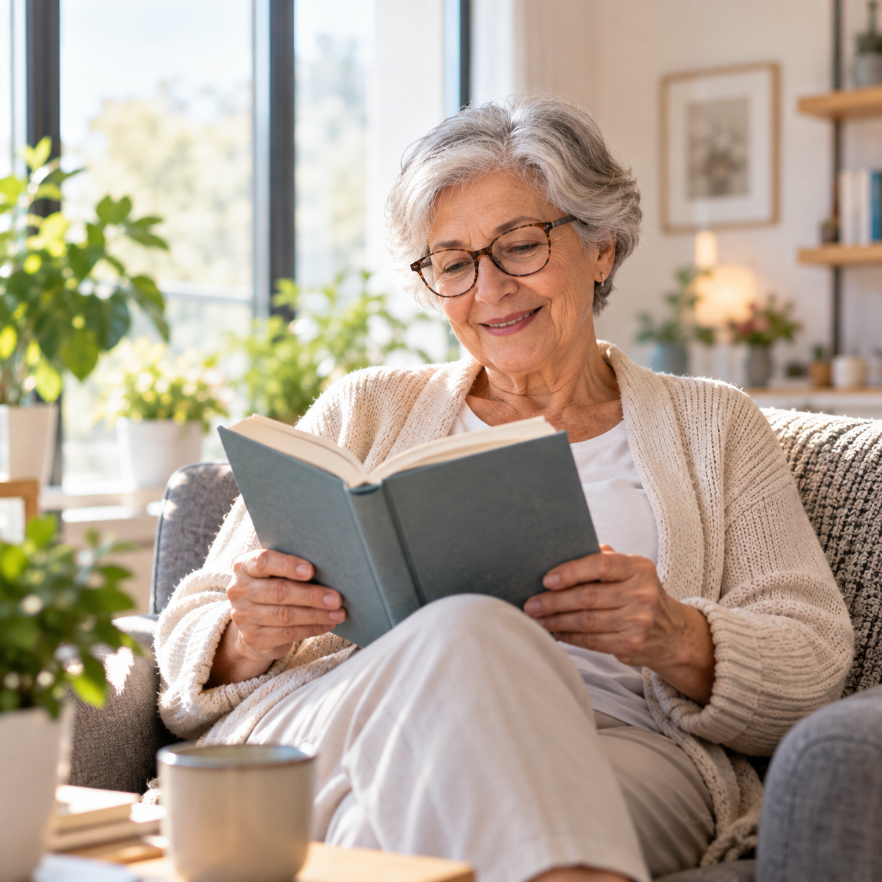 Femme âgée souriante lisant un livre, symbolisant la santé cognitive et le bien-être mental