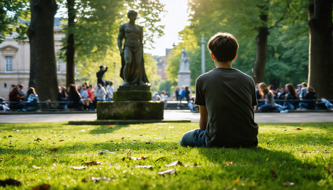 A teenager sits alone on park grass, watching others perform for each other near a statue—the oldest audience position, recast in evening light.