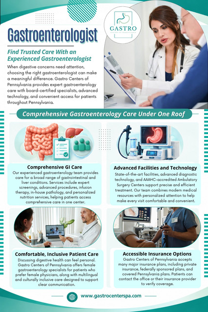 At Gastro Centers of Pennsylvania, the care team includes gastroenterologists, advanced practitioners, and anesthesiologists, with procedures provided through dedicated facilities.

Gastro Centers of Pennsylvania

Our Location:
King of Prussia: 216 Mall Blvd #120, King of Prussia, PA 19406, United States
Find Us On Google Map: https://maps.app.goo.gl/urcTXbfAmHQzMY5V7

Read Our Blogs:
https://gastrocenterspa.jimdofree.com
https://gastrocenterspa.tumblr.com/
https://gastrocenterspa.weebly.com/

More Links:
https://mez.ink/gastrocenterspa
https://www.magcloud.com/user/gastrocenterspa
https://gettr.com/user/gastrocenterspa