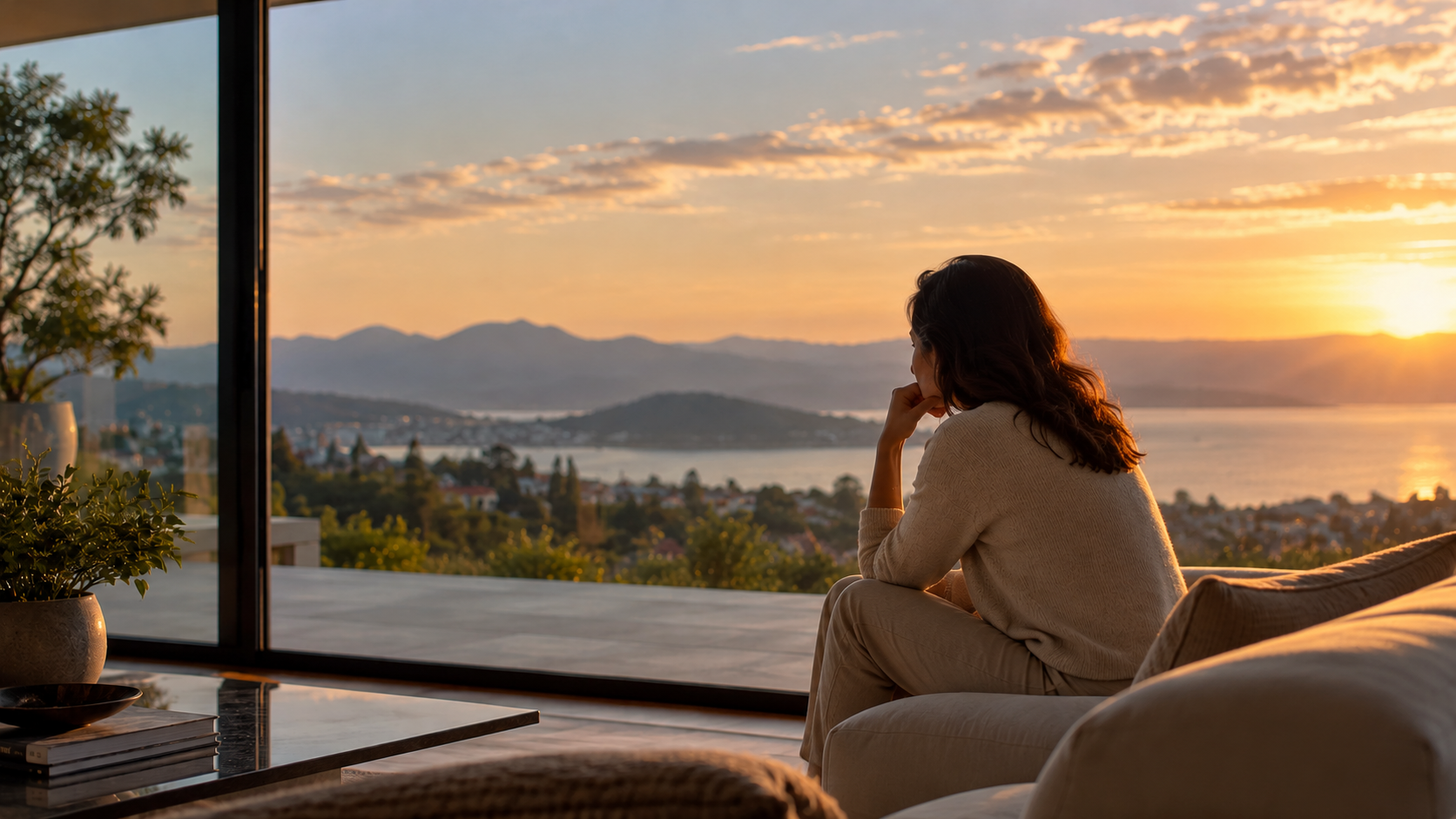 Mulher sentada em uma casa confortável contempla a paisagem ao entardecer, representando a insatisfação mesmo após conquistas pessoais