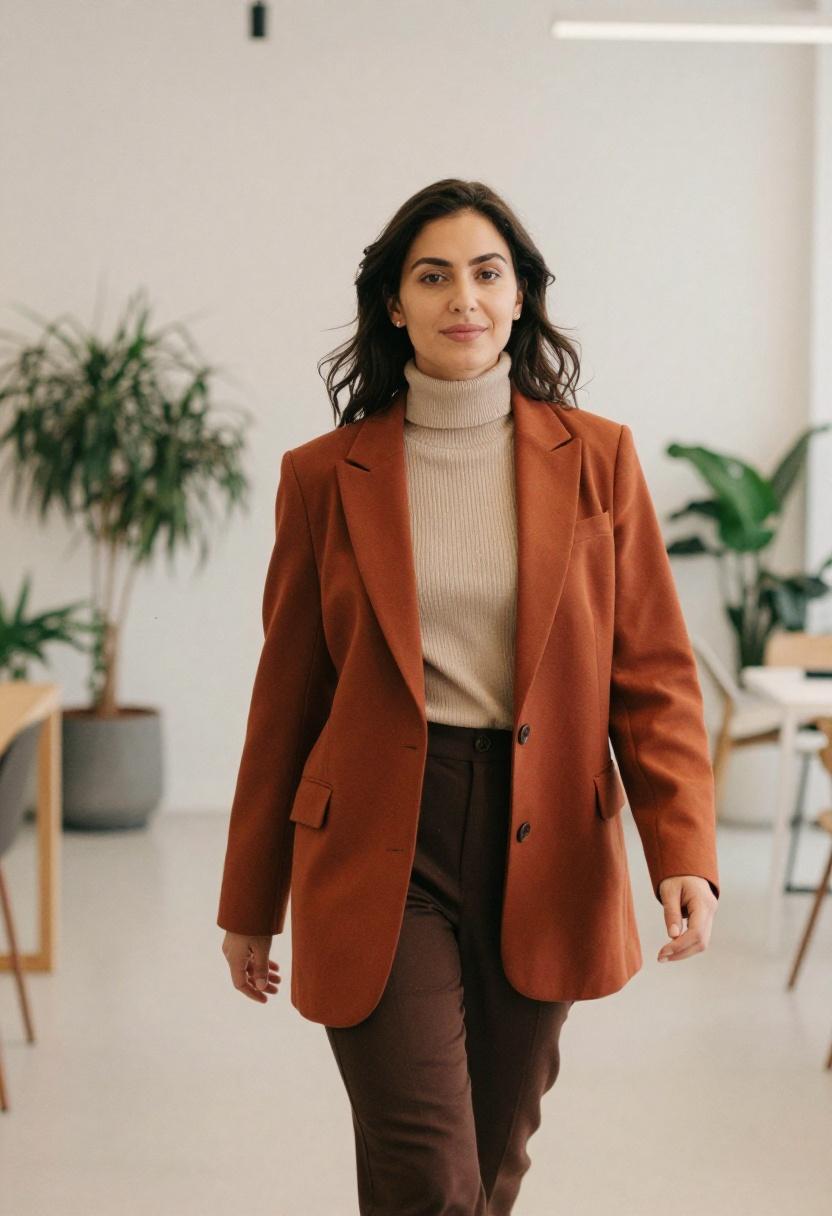 Rust longline blazer over sand turtleneck and espresso trousers for earth-tone dressing with confident stride