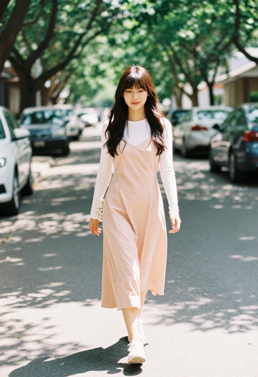 pale peach slip dress white base layer spring street style