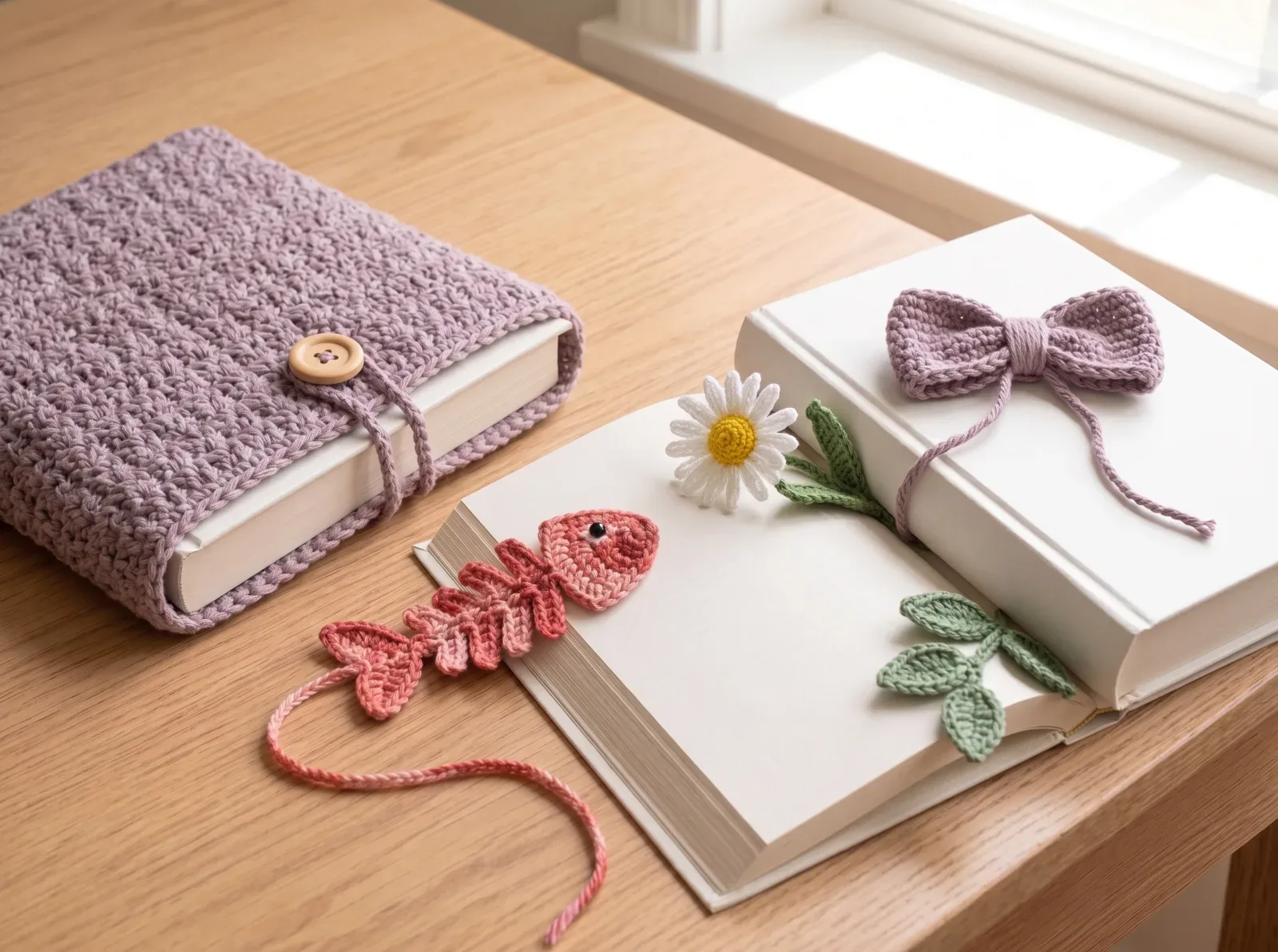 Crochet bookmark collection with fishbone, daisy, leaf, bow and book sleeve projects arranged together
