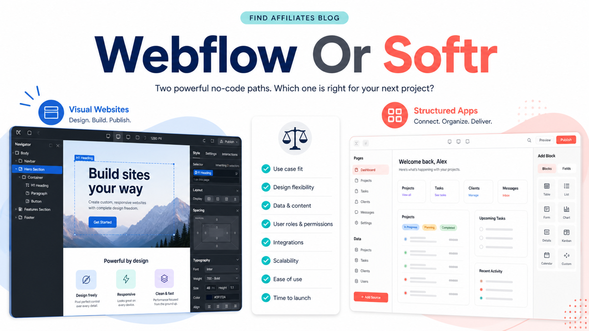 Webflow vs Softr affiliate program shown as website and client portal build paths
