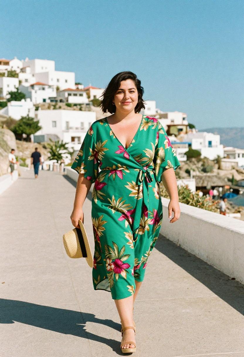 Plus size woman in emerald green tropical floral wrap dress with wedge sandals on a coastal walkway