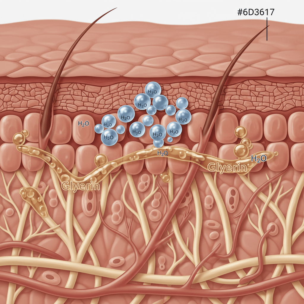 Skin moisture layers showing humectants, emollients, and occlusives