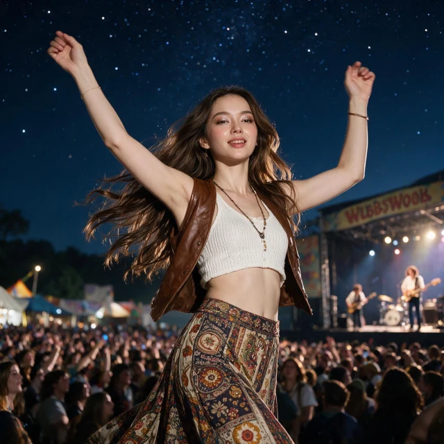 A girl with beautifully styled hair with natural motion, festival-ready makeup with shimmering eyeshadow and luminous skin, wearing an open brown leather vest, a white knitted crop top, and an ankle length hippie style skirt, dancing freely at Woodstock music festival, full-body view, arms raised mid-dance, expressive joyful movement, massive crowd and band on stage softly blurred, Night sky filled with stars, magical high-energy atmosphere, cinematic composition, ultra-realistic, high detail, fantasy-meets-outdoor photography style