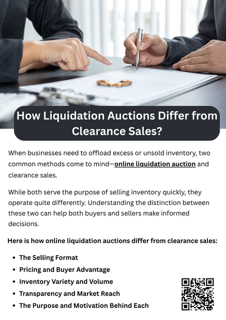 The main difference between clearance sales and an online liquidation auction lies in the process. Auctions involve bidding on items, often in bulk, creating opportunities for greater discounts. Buyers can access business assets, excess inventory, and rare products, making liquidation auctions a strategic way to maximize value compared to standard clearance events. To know more visit here https://www.auctionmasters.com/