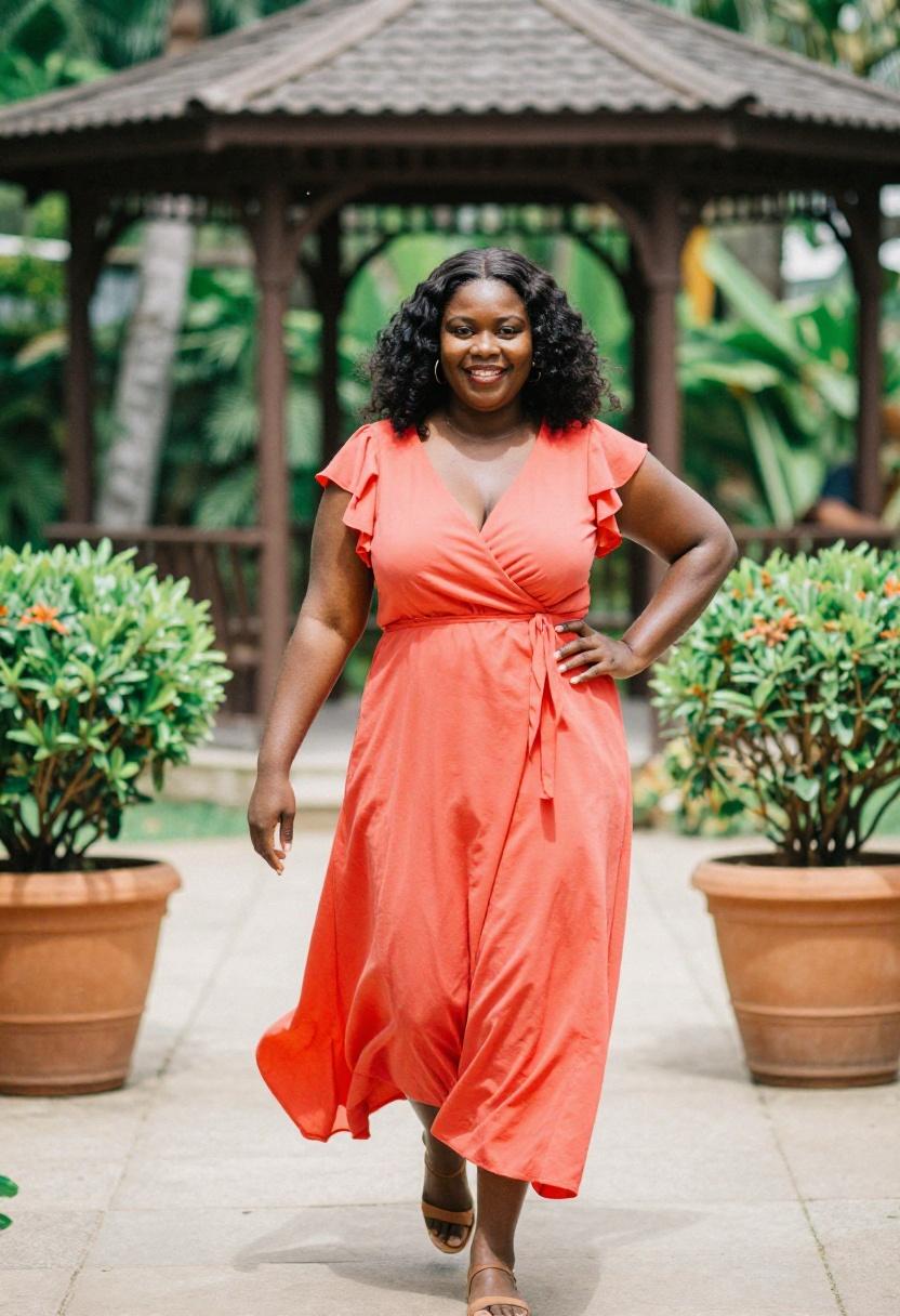 Vibrant coral wrap maxi dress worn with confidence in a sun-drenched garden