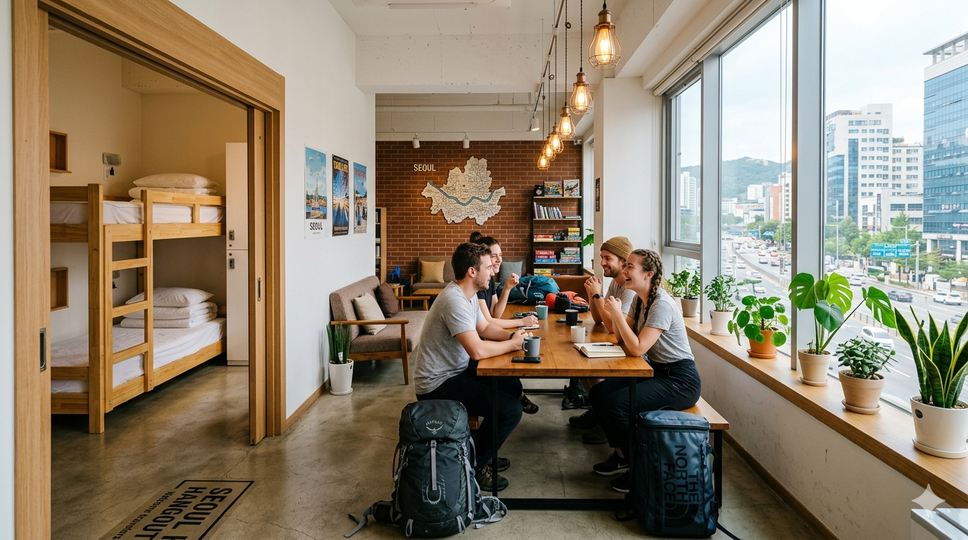 Seoul hostel common room travelers backpackers