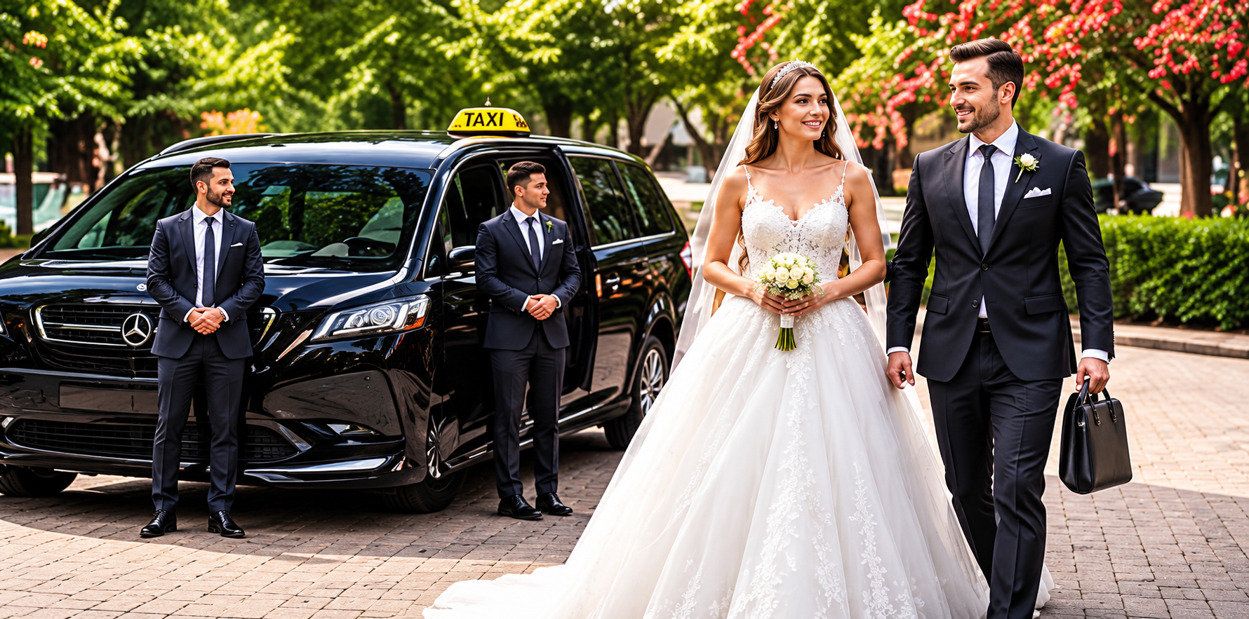 Bruidspaar arriveert bij een luxe taxi