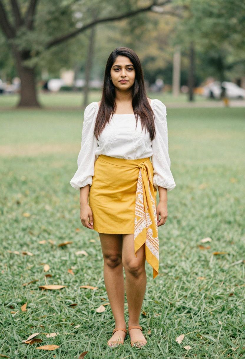Plus size woman in marigold yellow wrap mini skirt and broderie anglaise top in bohemian spring look