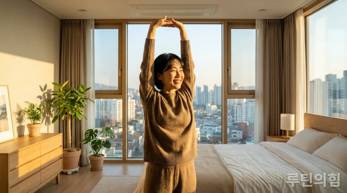 30대 한국인이 아침 햇살이 비치는 밝고 현대적인 침실에서 활기차게 스트레칭하는 모습