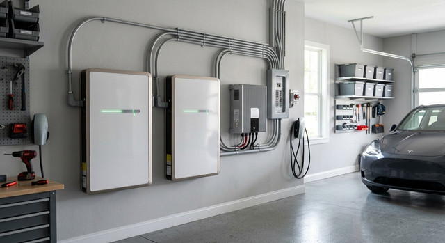 A sleek and modern home battery system for solar energy storage, installed in a clean and organized garage.