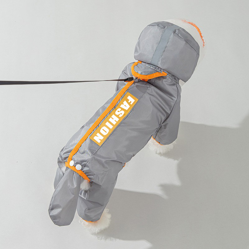 Grey and Orange S size Dog Raincoat with Leash Access and Transparent Hood - Waterproof Full Body Pet Rain Suit for Small and Medium Dogs, Reflective Trim, Removable Tail Cover, Outdoor Walking Apparel
