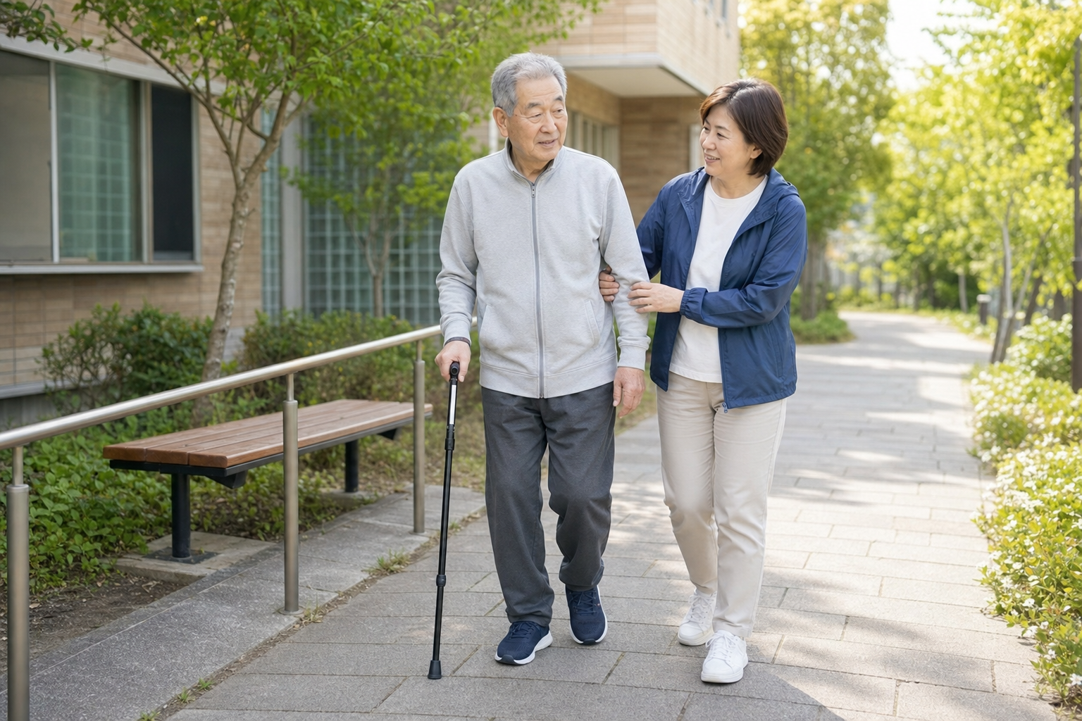 転倒に配慮しながら日常の歩行を続ける様子
