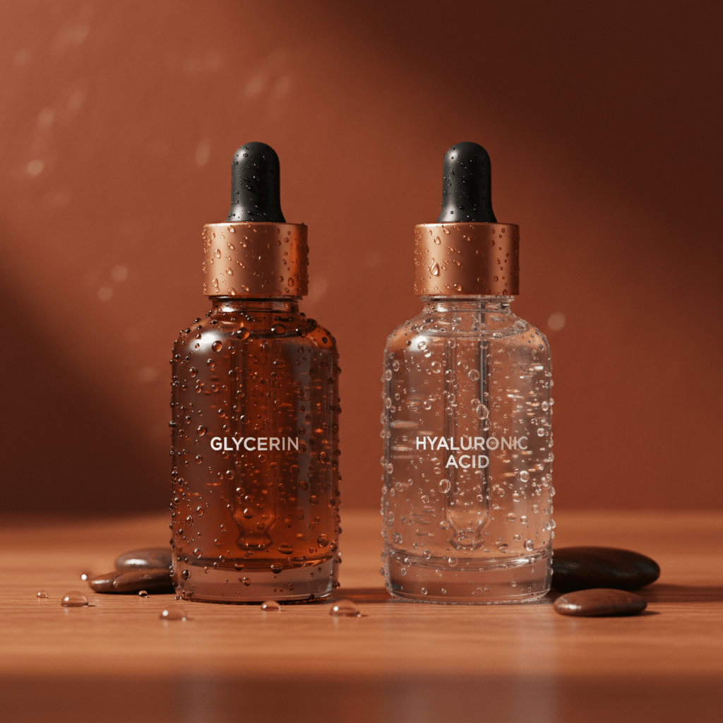 A side-by-side vanity still life comparing glycerin and hyaluronic acid skincare bottles