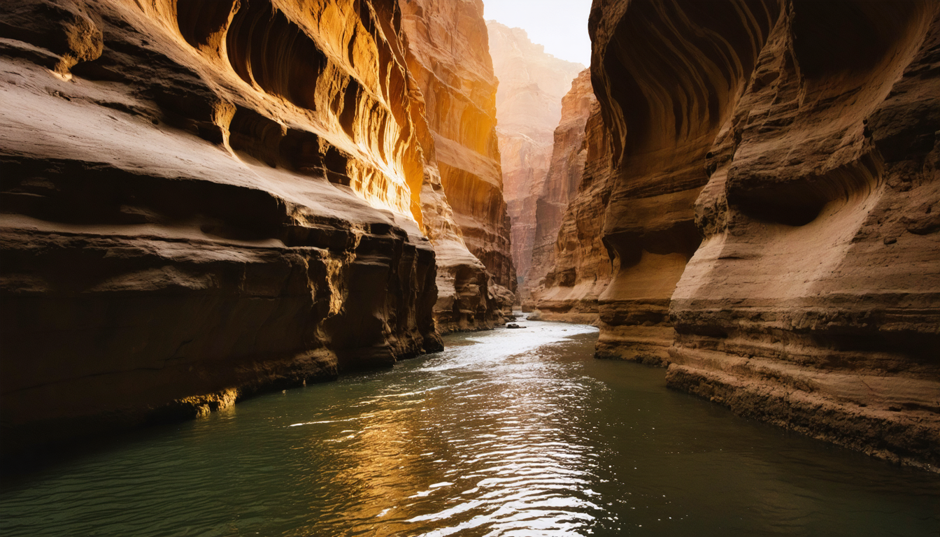A narrow desert canyon carved by a fast-running river, high stone walls glowing in low golden light, water threading deep and swift through the gorge.
