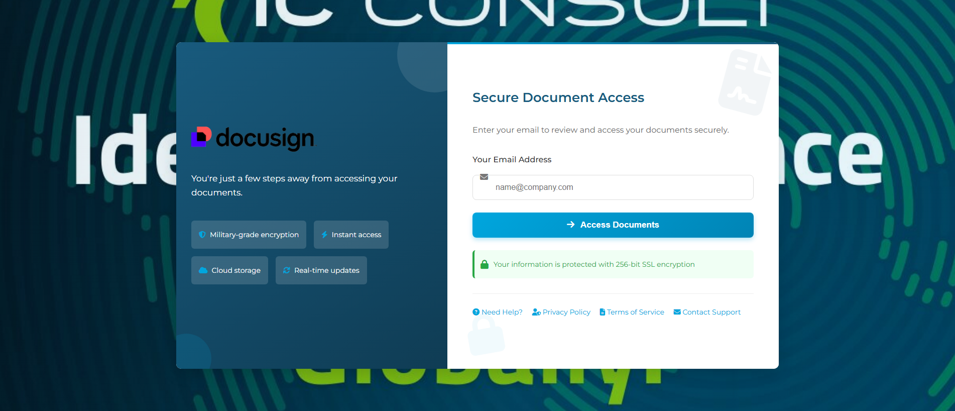 Forensic screenshot of ensignsecurity.com showing the phishing page layout