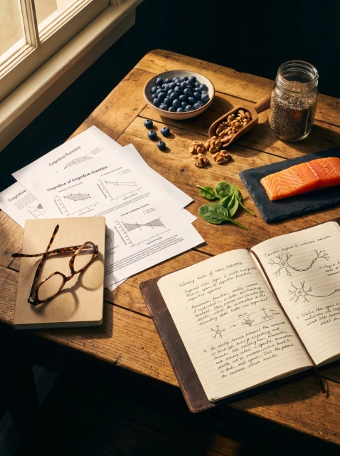 Bancada de pesquisa com estudos científicos e alimentos que protegem o cérebro.