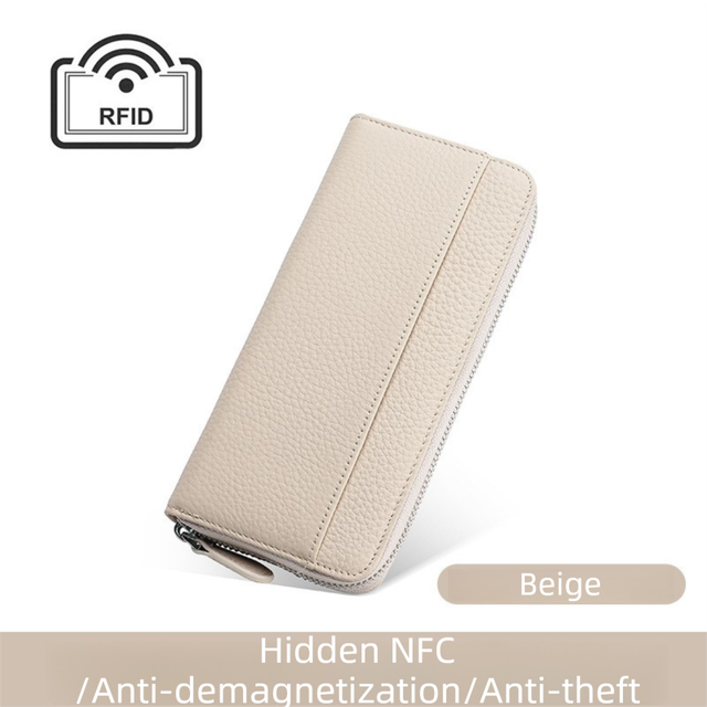 Beige Genuine Leather Women's Long Wallet with RFID Blocking & Hidden NFC - Large Capacity Phone Purse with 180° Zipper Closure, 18 Card Slots, Coin/Cash Pockets and for Daily Travel Use