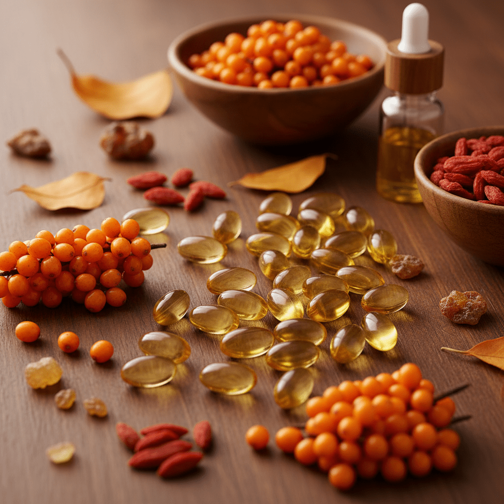 Sea buckthorn berries and capsules arranged on a clean wooden surface