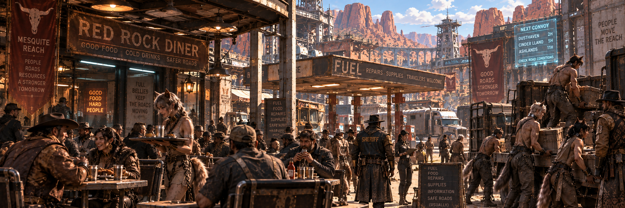 Everyday Mesquite roadside life with diners, fuel stops, convoys and visibly chained demi-human workers