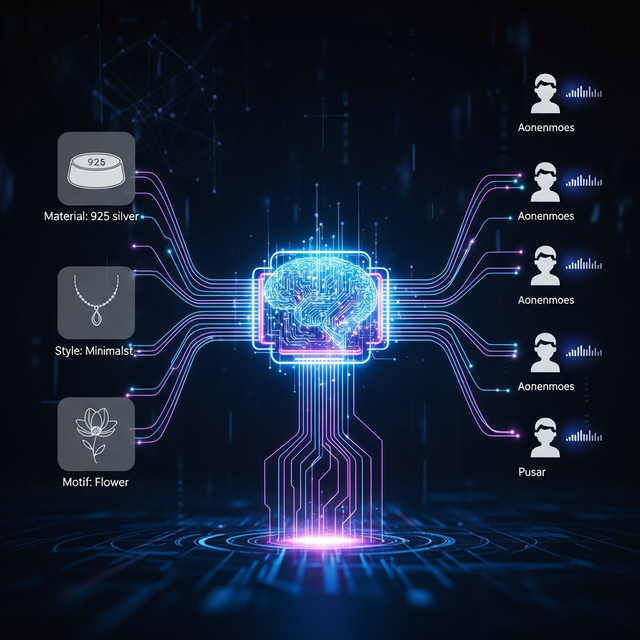Vizualizare abstractă a unui creier digital AI care conectează preferințele utilizatorilor cu atributele bijuteriilor pentru a crea recomandări personalizate.