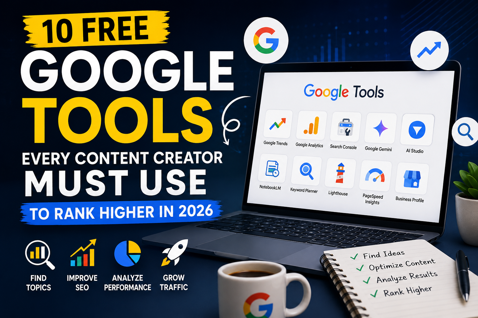 10 free Google tools every content creator needs to rank higher on Google, attract more readers, and grow website traffic faster