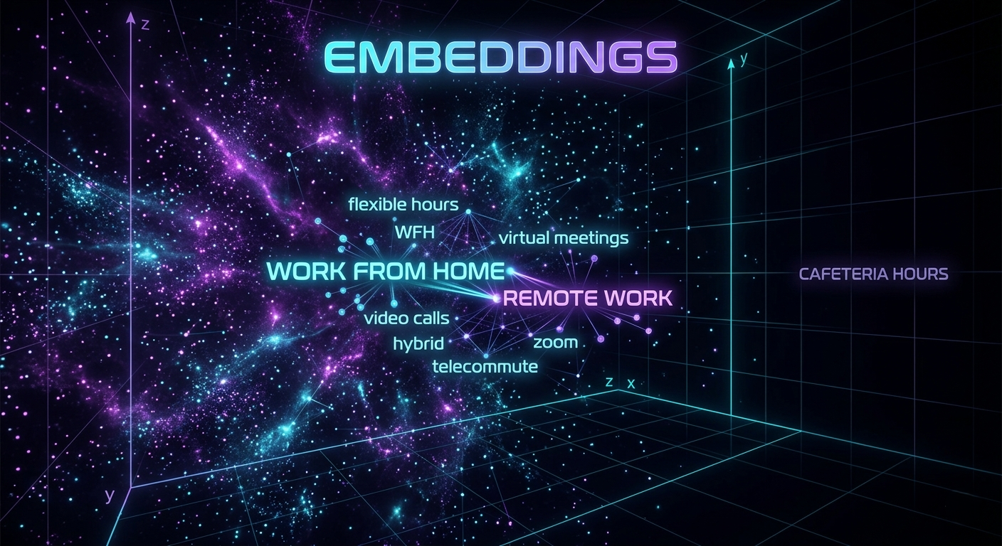 Embedding space visualization showing text sentences as points in 3D vector space with similar meanings clustered together