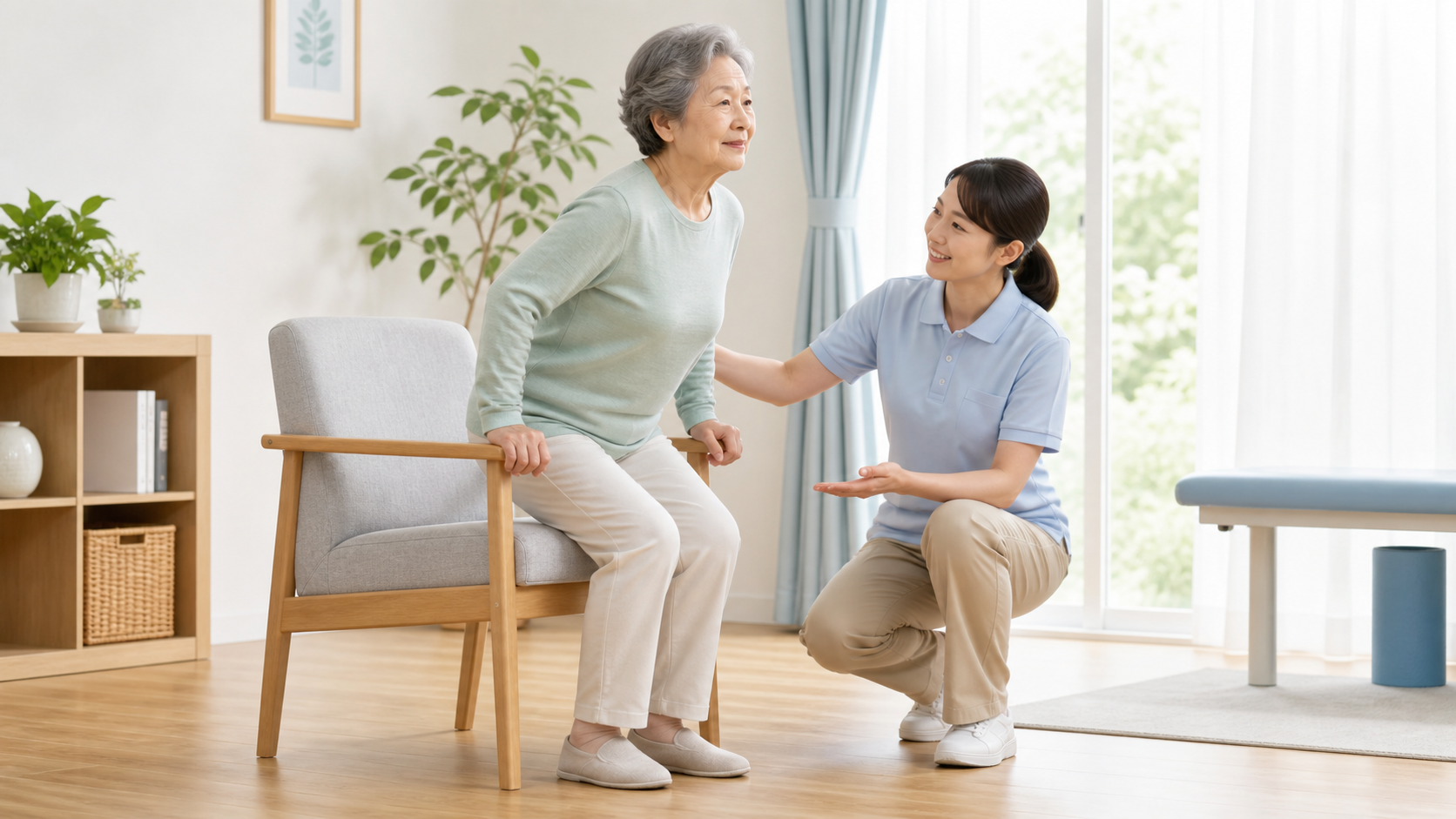 脊椎圧迫骨折後の高齢者が専門職の見守りで椅子から立ち上がる様子