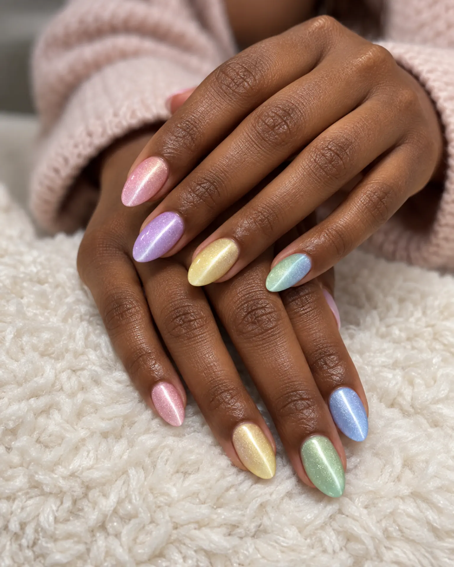 Easter Velvet Cat-Eye manicure inspiration for Easter nail ideas