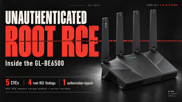 Unauthenticated root RCE in the GL-BE6500, with five CVEs and four root RCE findings