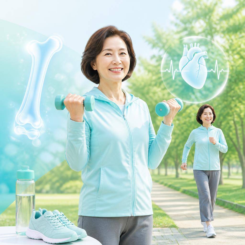 중년 여성이 공원에서 가벼운 근력운동과 빠르게 걷기를 실천하는 건강한 장면. 옆에는 물병과