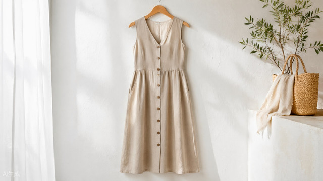 Sand linen button-front midi dress with wooden buttons