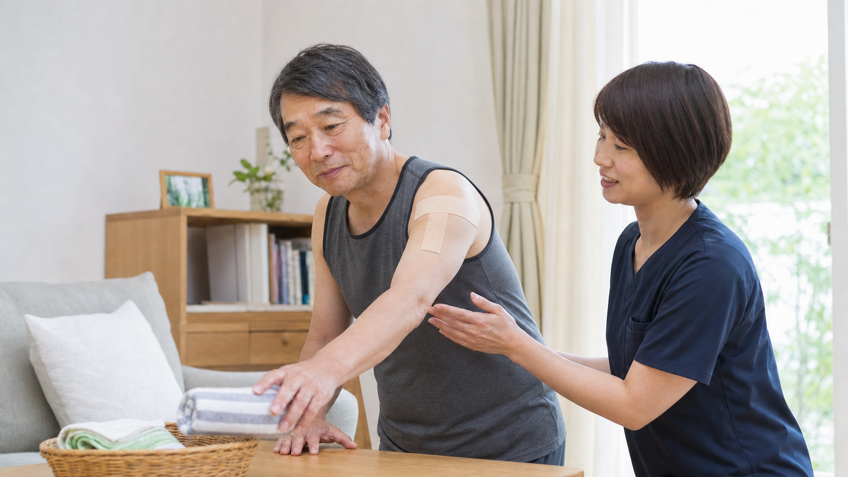 露出した肩と上腕の皮膚にテーピングを行い生活動作を練習する脳卒中後のリハビリ場面