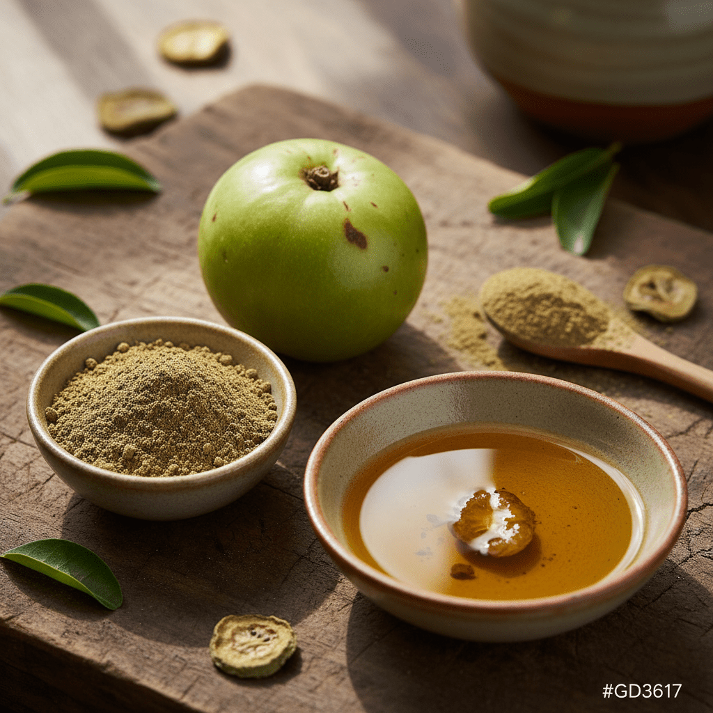 Close-up of amla fruit, powder, and infused oil bowl on a wooden surface