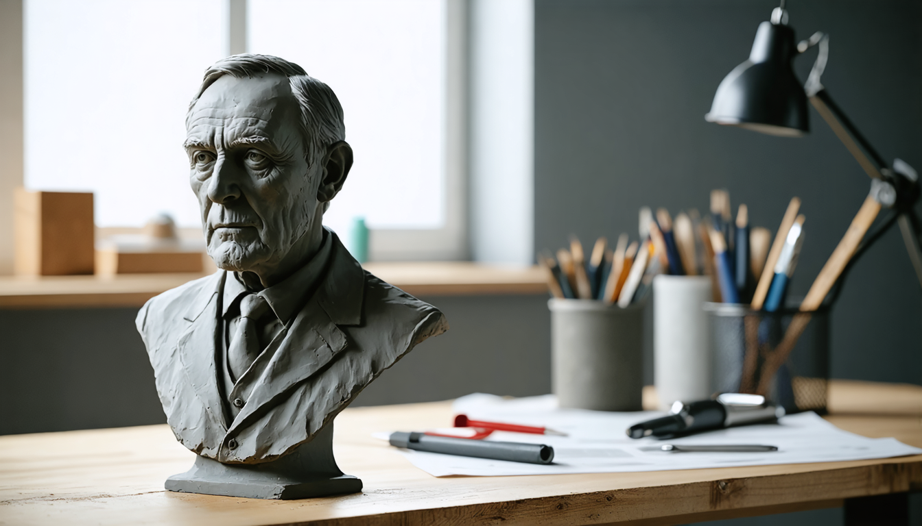 A clay forensic bust of an aging man on a studio table, lit by a single window, half-finished tools of measurement nearby.